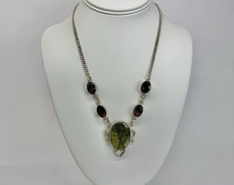 Elegant Jasper Amethyst Crystal Bezel 925 Silver Vintage Necklace Jewelry N572