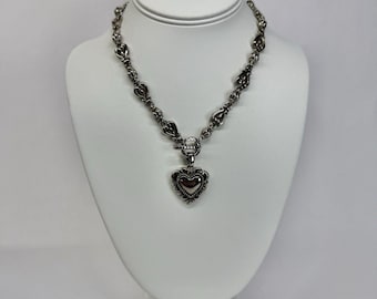 BRIGHTON Heart Filigree Pendant Silver Tone Vintage Necklace Jewelry N578
