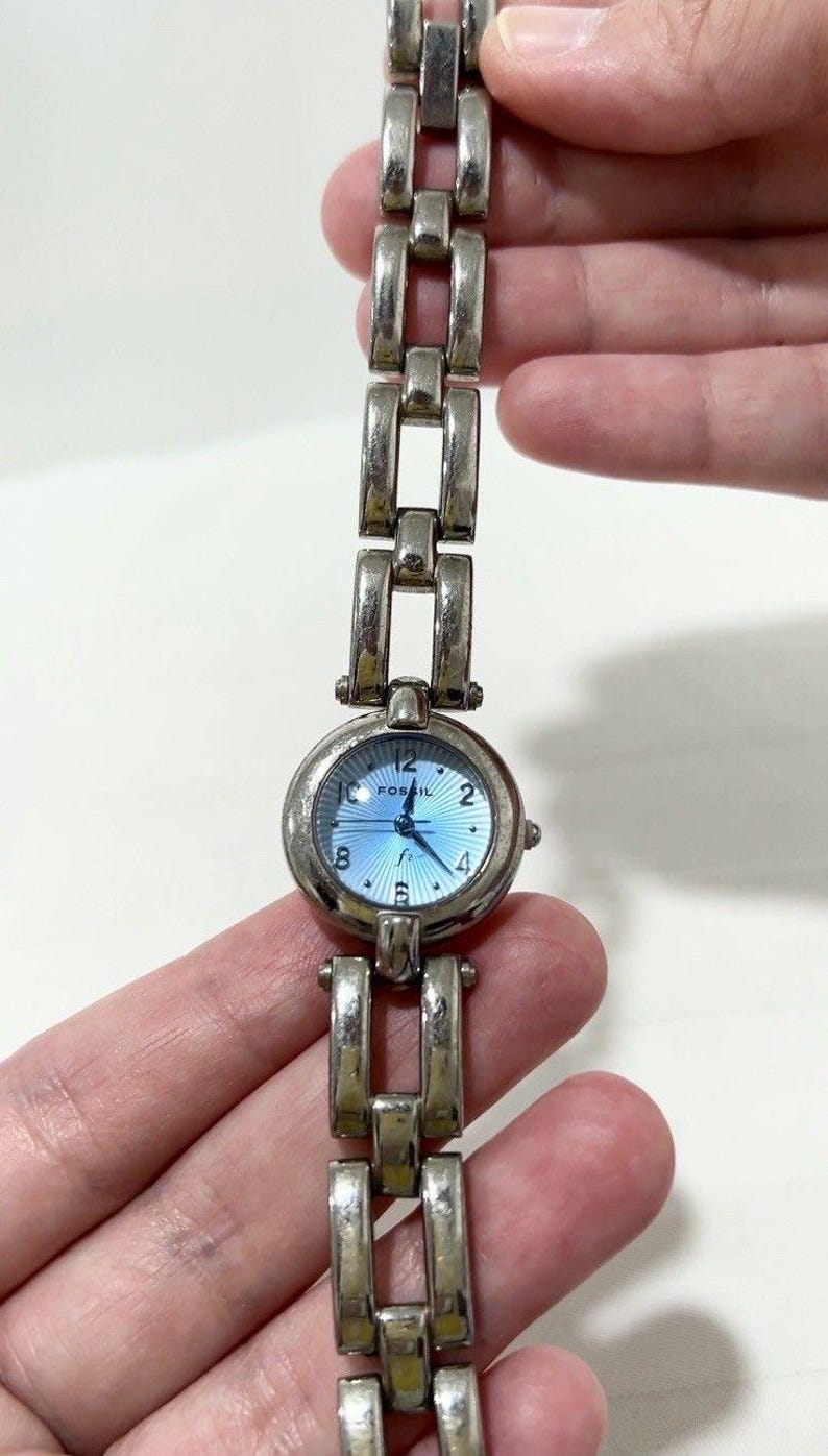 FOSSIL F2 ES-8958 Silver Tone Blue Dial Analog Women Vintage Watch W26 *TICKING image 3