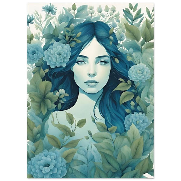 Dana Illustration einer schönen Frau in Blau und Grün | Professionell Gedrucktes Poster | Maximalistische Kunst | Premium Matte Papier