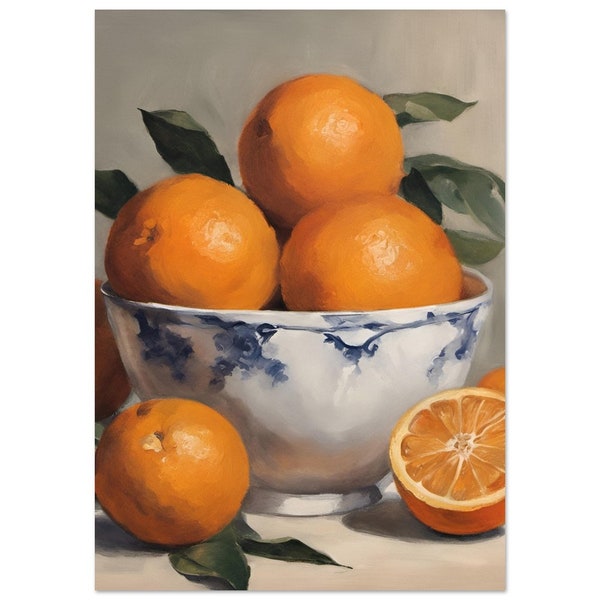 Painting of oranges in a blue and white bowl | Professionally Printed Poster | Maximalist Art | Premium Matte Paper