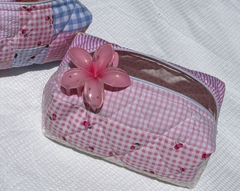 Handmade Quilted Patchwork Pink Floral Gingham Stripe Makeup Bag, Cosmetic Bag, Travel Bag, Pencil Case, Zippered Box Pouch