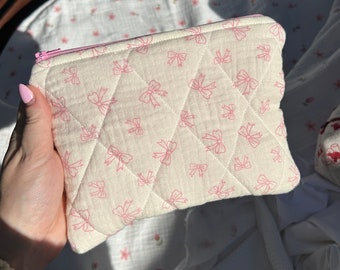 Handmade Quilted Yellow Pink Bow Muslin Flat Pouch - Pink Gingham Cosmetic Bag Travel Bag Makeup Bag