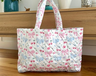 Quilted White Blue Pink Bow Cherry Floral Checkered Tote Bag, Pink Gingham Handbag