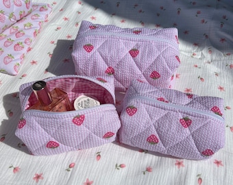 Trousse de maquillage matelassée à rayures roses texturée fraise, pochette boîte à fermeture éclair vichy rose