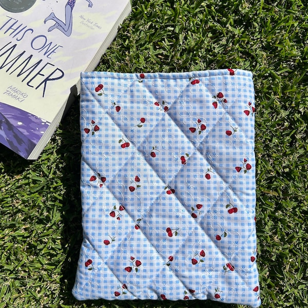 Handmade Book Sleeve Kindle E-Reader Cover Quilted Blue Gingham Red Cherry Strawberry