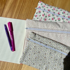 Handmade Floral Pencil Case, Pink Purple Green Floral Gingham Flat Pouch Accessory