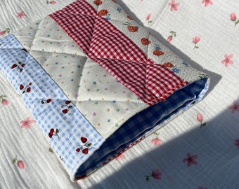 Handmade Patchwork Book Sleeve Kindle E-Reader Cover Quilted Blue Red Gingham Strawberry Cherry Star