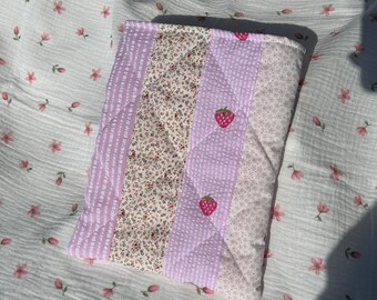 Handmade Patchwork Book Sleeve Kindle E-Reader Cover Quilted Pink Gingham Strawberry Stripe Floral