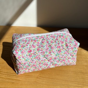 Handmade Quilted Pink and Blue Floral Makeup Bag - Zippered Box Pouch Pink Striped Lining