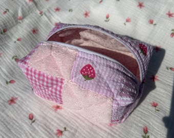 Handmade Patchwork Quilted Pink Terry Towel Strawberry Stripe Gingham Makeup Bag Cosmetic Case