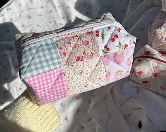 Handmade Patchwork Quilted Makeup Bag, Pink Green Strawberry Cherry Gingham Stripe Floral Cosmetic Pouch
