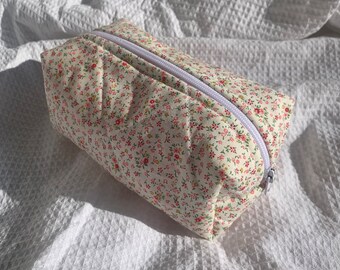 Handmade Floral Pink & Red Quilted Makeup Bag, Zippered Box Pouch Pink Gingham Lining, 3 Sizes