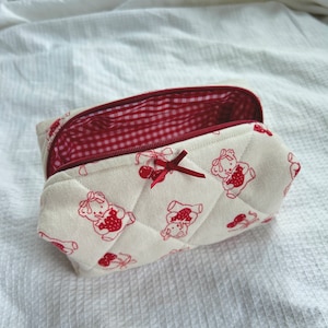 Handmade Quilted Red Teddy Bear Cherry Gingham Travel Makeup Cosmetic Bag