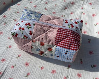 Handmade Patchwork Quilted Makeup Bag, Strawberry Cherry Gingham Floral Cosmetic Pouch