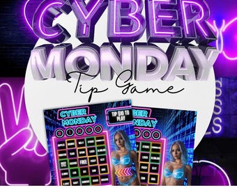 May include: A neon pink and blue bingo card with the text "Cyber Monday Bingo" and "Tip $10 to Play". The card has a grid of squares with various words and phrases related to the theme of Cyber Monday.