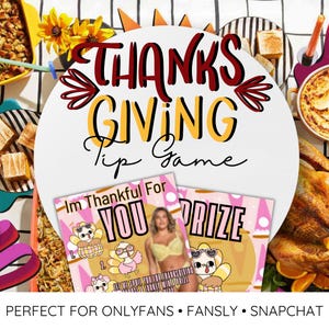 May include: A Thanksgiving tip game card with a pink background and a cartoon turkey. The card says "Im Thankful For You" and "Prize".