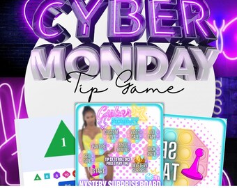 May include: A pink and blue game board with a pop-it style design. The board has a dice and a game piece. The text on the board says "12 AT". The text "Cyber Monday Tip Game" is in neon pink and purple letters.