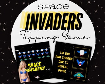 May include: A digital game card with a retro space invaders theme. The card features a pixelated image of a spaceship and aliens. The text on the card reads "Space Invaders Tipping Game".