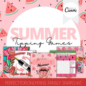 May include: A set of four printable summer-themed tipping games with watermelon graphics. The games include "Summer Time Spin the Bottle", "I Need Summer Hummer", "Summer Word Find", and "Summer Bag".