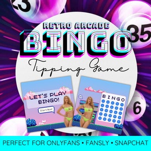 May include: A retro arcade-themed bingo card with a pink and blue color scheme. The card has a grid of 25 squares with numbers in each square. The card also has the words "BINGO" and "Let's Play Bingo!" in a pixelated font. The card is surrounded by a pink and blue border.