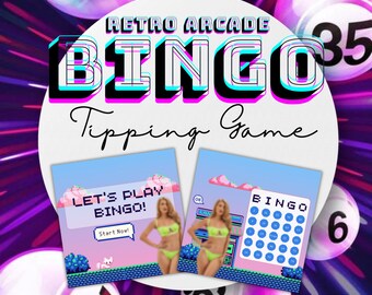 May include: A retro arcade-themed bingo card with a pink and blue color scheme. The card has a grid of 25 squares with numbers in each square. The card also has the words "BINGO" and "Let's Play Bingo!" in a pixelated font. The card is surrounded by a pink and blue border.