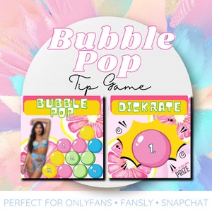 Op de afbeelding: Twee roze en gele speelkaarten met de tekst "Bubble Pop Tip Game" bovenaan. De linker kaart heeft een vrouw in lingerie en een raster met kleurrijke bubbels. De rechter kaart heeft een enkele grote roze bubbel met het nummer "1" erin. De tekst "DICKRATE" staat bovenaan de kaart. De tekst "AD YOUR PRIZE" staat onderaan de kaart.