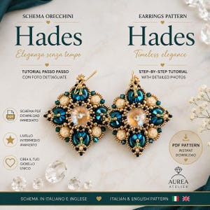 Può includere: Un paio di orecchini fatti a mano con un design a forma di diamante. Gli orecchini presentano un cristallo centrale trasparente circondato da perline turchesi e dorate. Il testo sull'immagine recita "Hades" e "Earrings Pattern". Il modello è in italiano e inglese.