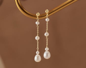 Natural Pearl Dangle Earrings, Minimal Pearl Earrings, Wedding Drop Earrings, Gold Bridal Wedding Jewellery, Bridesmaids Gifts for Her