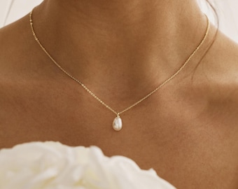 Natürliche Perle Tropfen Halskette, Einfache Perle Anhänger Halskette, Minimalistische Goldkette, Hochzeitshalskette, Muttertagsgeschenk, Geschenke für Sie