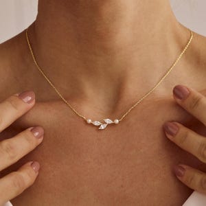 Minimal Natural Pearl with Diamond Necklace, Diamond leaves Pendant Necklace, Wedding Necklace, Bridal & Bridesmaids Jewelry, Gifts for Her