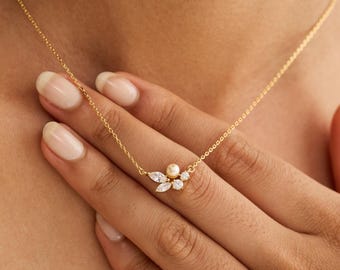 Süßwasserperle mit Diamant Halskette, Blätter Halskette Diamant, Hochzeit Perle Schmuck Set, Braut & Brautjungfern Geschenk, Geschenk für Mama