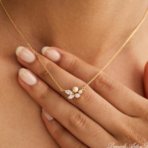 Collana di perle d'acqua dolce con diamanti, collana di diamanti con foglie delicate, set di gioielli di perle da sposa, regalo per spose e damigelle, regalo di Natale