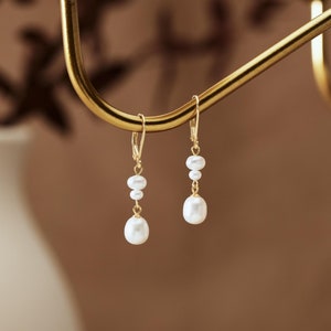 Handmade Gold Freshwater Pearl Drop Earrings, Sterling Silver Lever Back Earrings, Bridal Earrings, Wedding Jewellery, Mother's Day Gifts