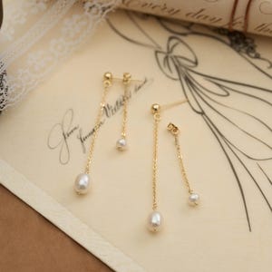 Pendientes de perlas de agua dulce, pendientes colgantes de oro, pendientes de boda, joyas de novia, pendientes de diario, regalo para damas de honor.