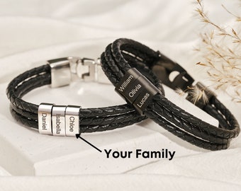 Personalised Mens Leather Bracelet, Custom Engraved Name Bracelet, Family Name Bracelet, Gifts for Dad, Anniversary Gift, Christmas Gift