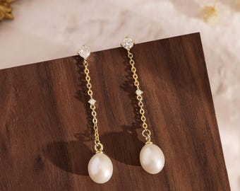 Vintage Diamond Pear Earrings, Gold Pearl Drop Earrings, Minimalist Wedding Jewelry, Bridal & Bridesmaids Gifts, Mother's Day Gifts for Her