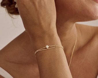 Genuine Freshwater Pearl Bracelets, Double Chain Pearl Bracelet, Dainty Layer Beaded Bracelet, Wedding Jewellery, Bridesmaids Gift for Her