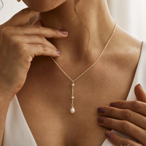 Zierliche natürliche Perlen Tropfen Halskette, minimale echte Perle Y Halskette, Braut & Brautjungfer Geschenke, Hochzeitsschmuck Set, Weihnachtsgeschenke für Sie