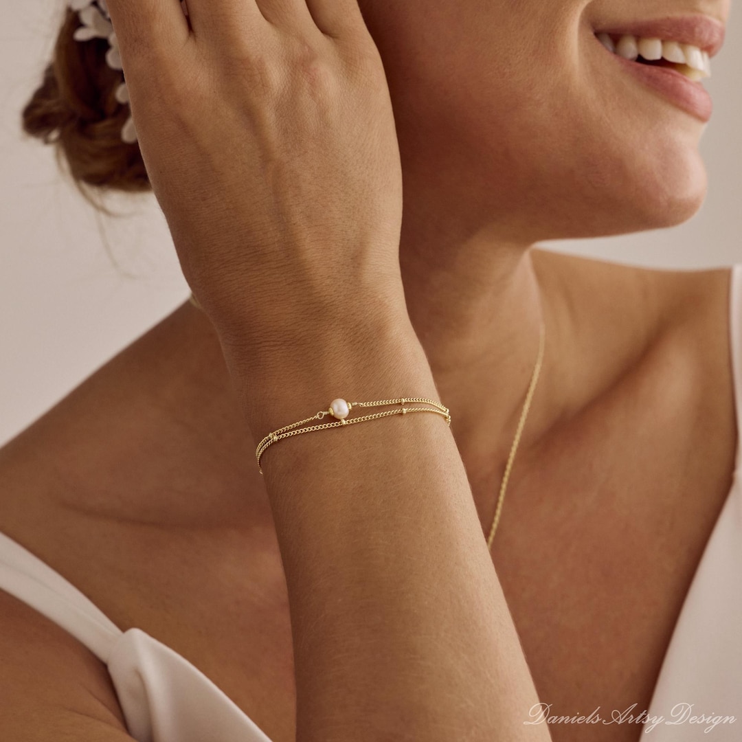 Bracelets de perles d'eau douce véritables, bracelet de perles double chaîne, bracelet de perles fines couches, bijoux de mariage, cadeau de