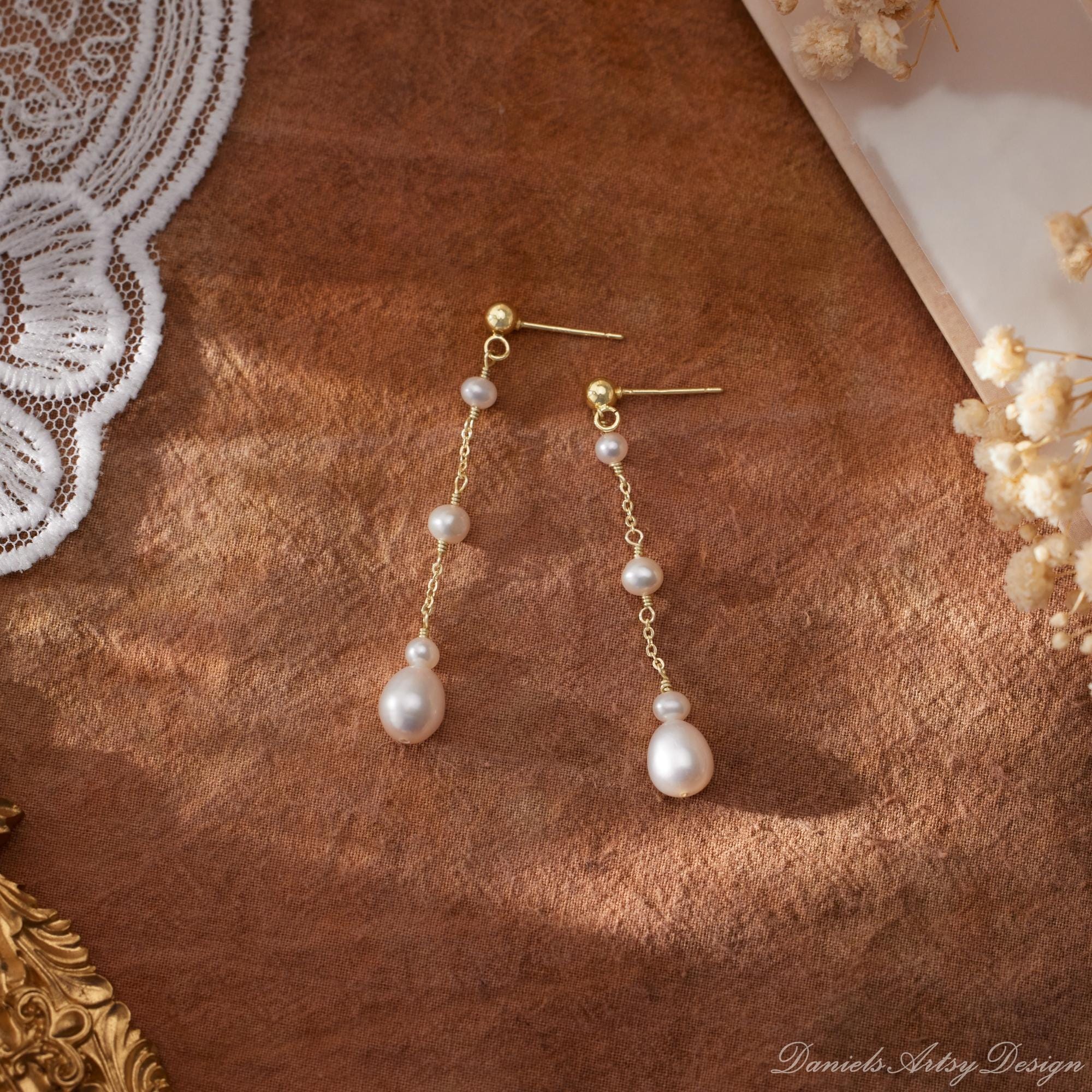 Mikovivi Silver Pearl Flower Dangle Earrings, Dainty Long Chain Dangle...