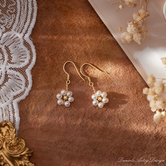 Minimalist Flower Pearl Drop Earrings, Wedding Pearl Dangle