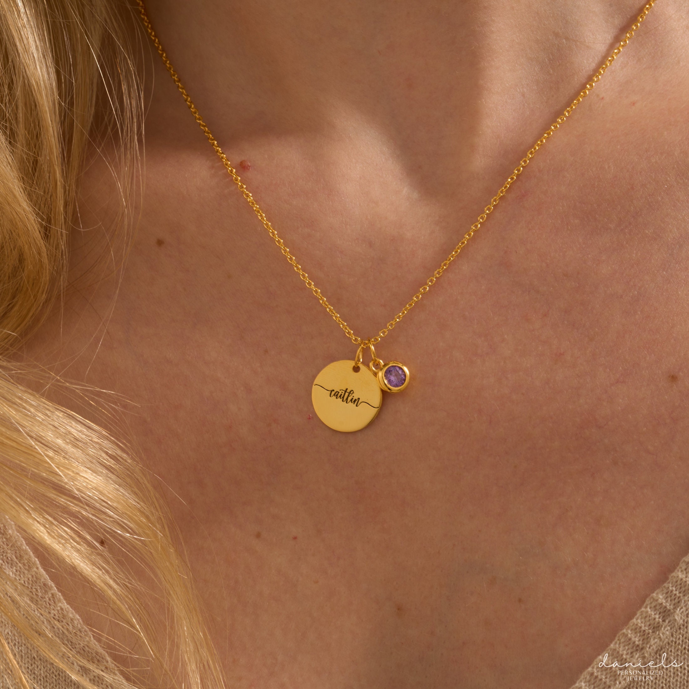 Custom Name Disc Necklace With Birthstone, Engraved Pendant