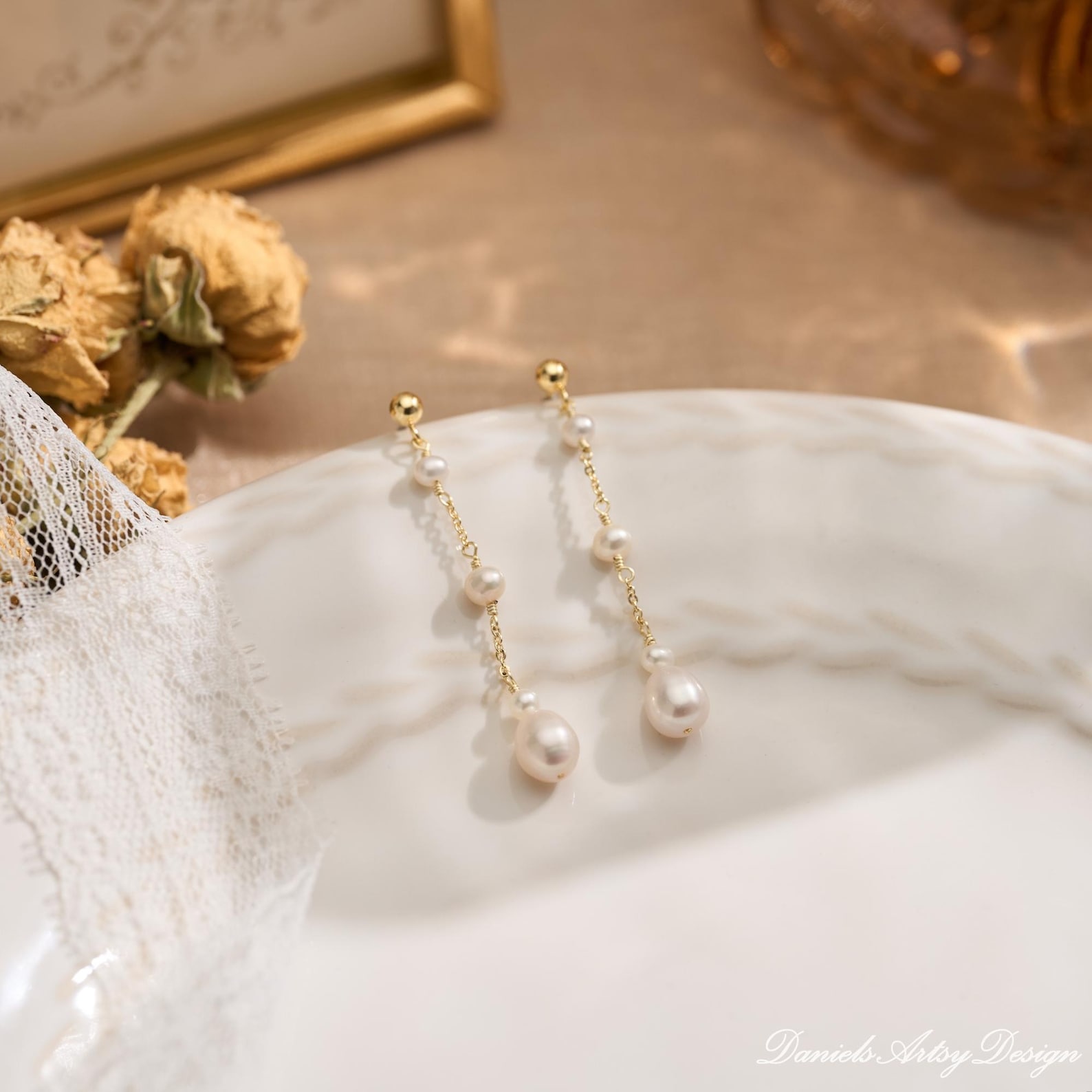 Natural Pearl Dangle Earrings, Minimal Pearl Earrings, Wedding Drop Earrings, Gold Bridal Wedding Jewellery, Bridesmaids Gifts for Her - Gold