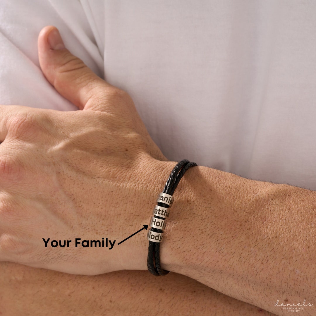 Personalised Mens Leather Bracelet, Custom Engraved Name Bracelet for