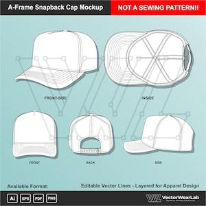 May include: A digital A-Frame Snapback Cap Mockup featuring technical line drawings of the cap from front-side, inside, front, back, and side views. The text reads A-Frame Snapback Cap Mockup, NOT A SEWING PATTERN, and Available Format.