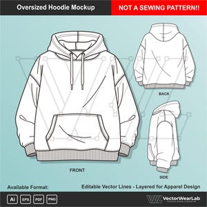 Puede incluir: Una ilustración vectorial técnica de una sudadera con capucha oversize mostrada desde el frente, la espalda y el lateral. El diseño incluye capucha con cordones, un bolsillo canguro frontal, puños acanalados y dobladillo acanalado. Texto: Oversized Hoodie Mockup.