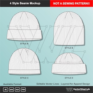 May include: A digital graphic showing a 4 Style Beanie Mockup with four distinct black and white line art illustrations of ribbed beanies labeled Style A, B, C, and D. The text reads 4 Style Beanie Mockup, NOT A SEWING PATTERN, and Available Format.