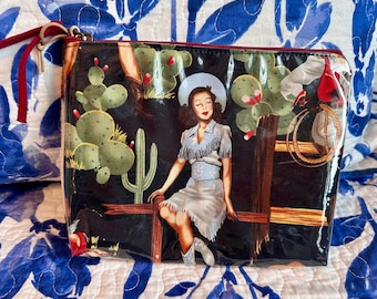 Western Pinup Cowgirl Accessory Pouch-Boho Chic Accessory Bag-Boho Makeup Bag-Black