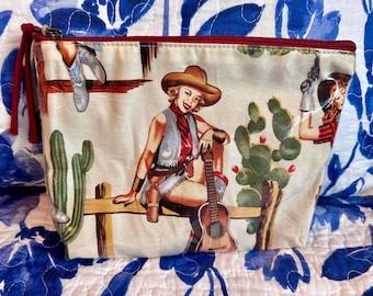 Western Pinup Cowgirl Accessory Pouch-Boho Chic Accessory Bag-Boho Makeup Bag-Cream